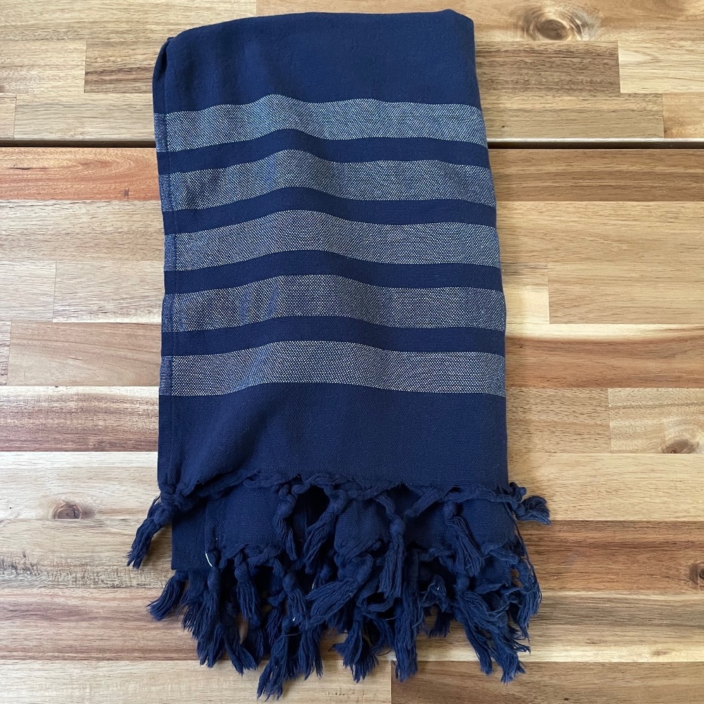 NEW - Authentic Turkish 100% cotton bath towel - Navy Blue with gray stripes